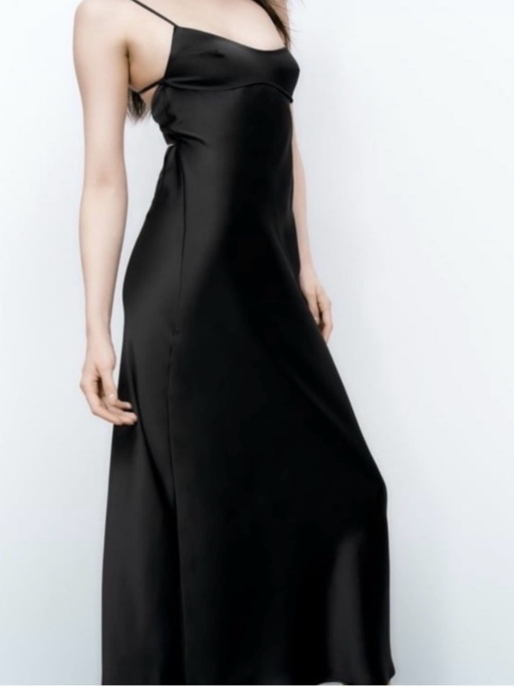 Zara Black Satin Maxi Slip Dress with Spaghetti Straps